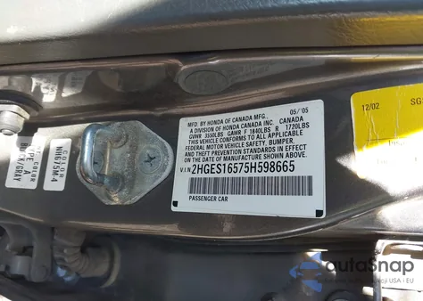 2005 Honda Civic Lx из США, поврежденный, VIN 2HGES16575H598665